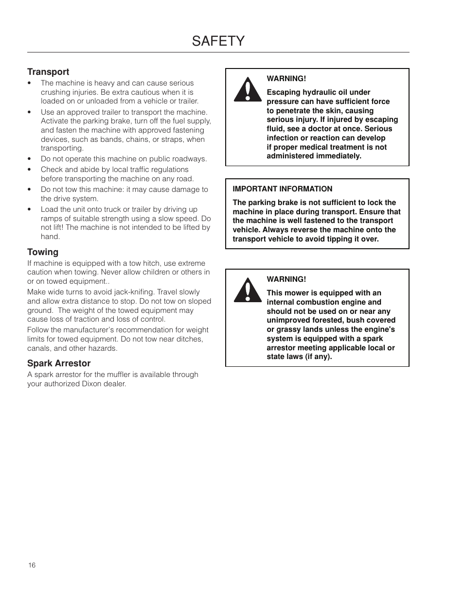 Transport, Towing, Spark arrestor | Safety | Dixon 115 338927R1 User Manual | Page 16 / 56