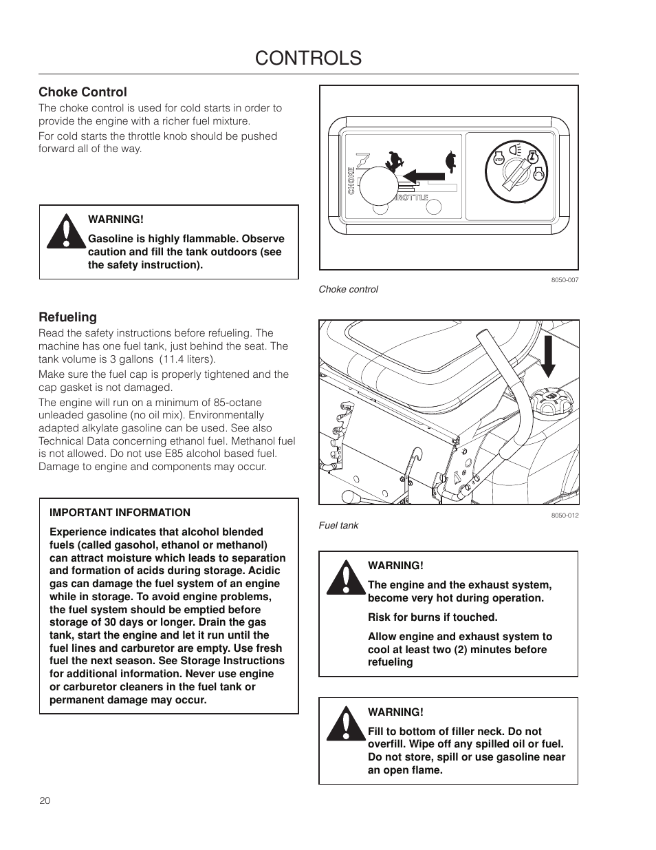 Choke control, Refueling, Controls | Dixon 115 338927R1 User Manual | Page 20 / 56