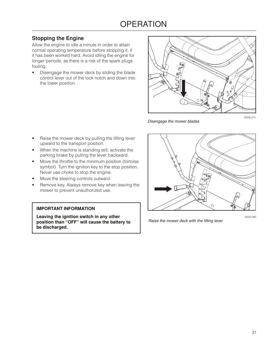 Stopping the engine, Operation | Dixon 115 338927R1 User Manual | Page 31 / 56