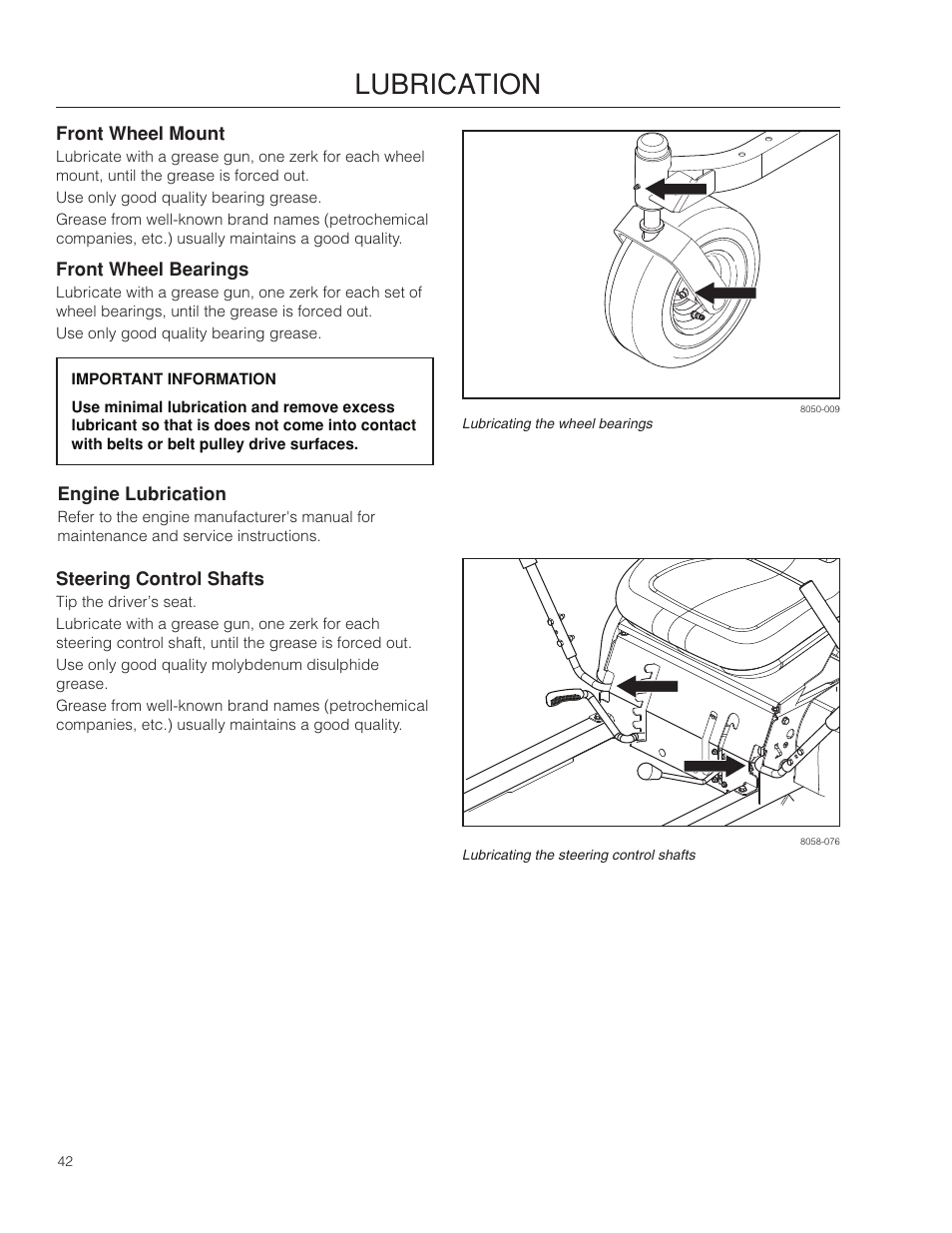 Front wheel mount, Front wheel bearings, Engine lubrication | Steering control shafts, Lubrication | Dixon 115 338927R1 User Manual | Page 42 / 56