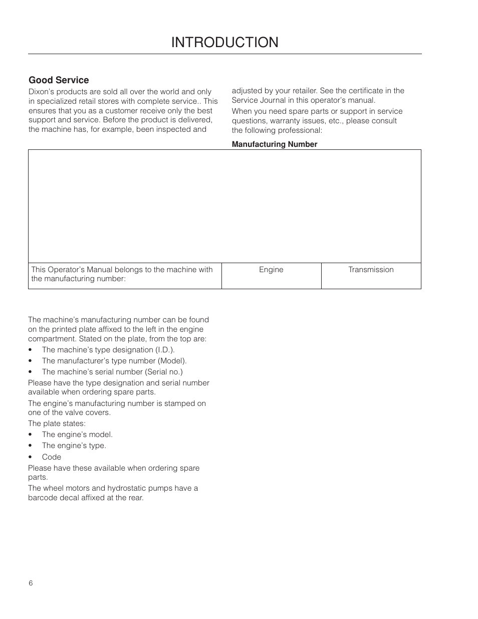 Good service, Manufacturing number, Introduction | Dixon 115 338927R1 User Manual | Page 6 / 56