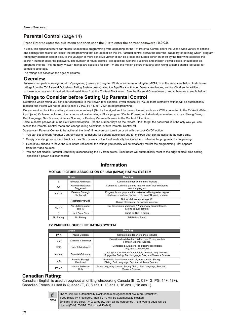 Overview, Information canadian rating, Page 14) | Curtis LCD3213 User Manual | Page 20 / 24