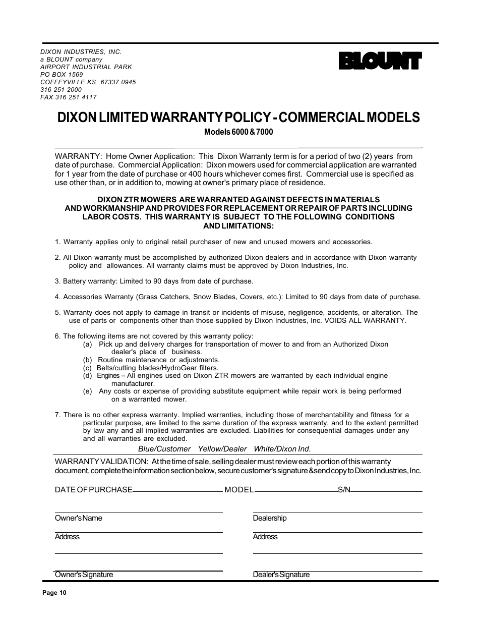 Dixon limited warranty policy - commercial models | Dixon 6000 Series User Manual | Page 10 / 40