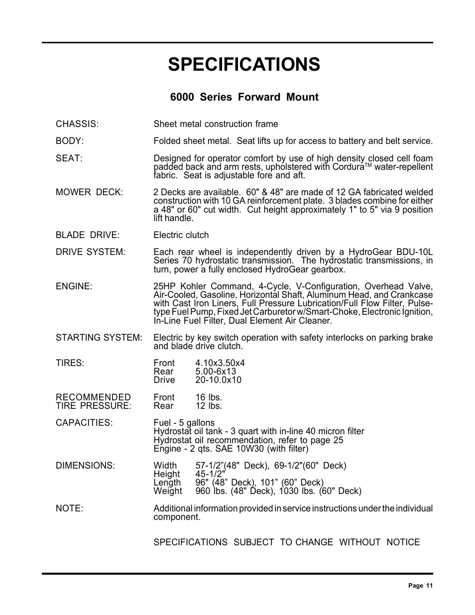 Specifications | Dixon 6000 Series User Manual | Page 11 / 40