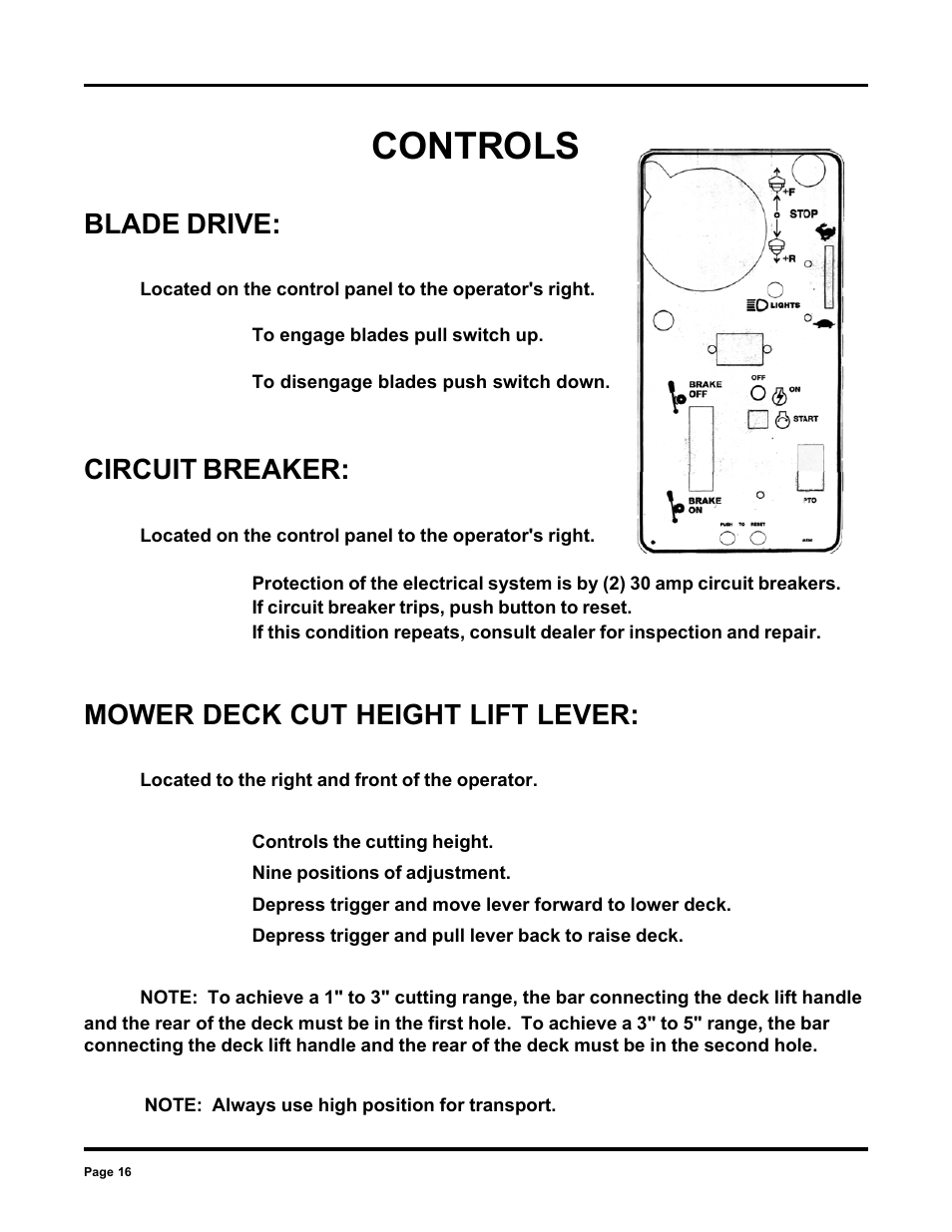 Controls, Blade drive, Circuit breaker | Mower deck cut height lift lever | Dixon 6000 Series User Manual | Page 16 / 40