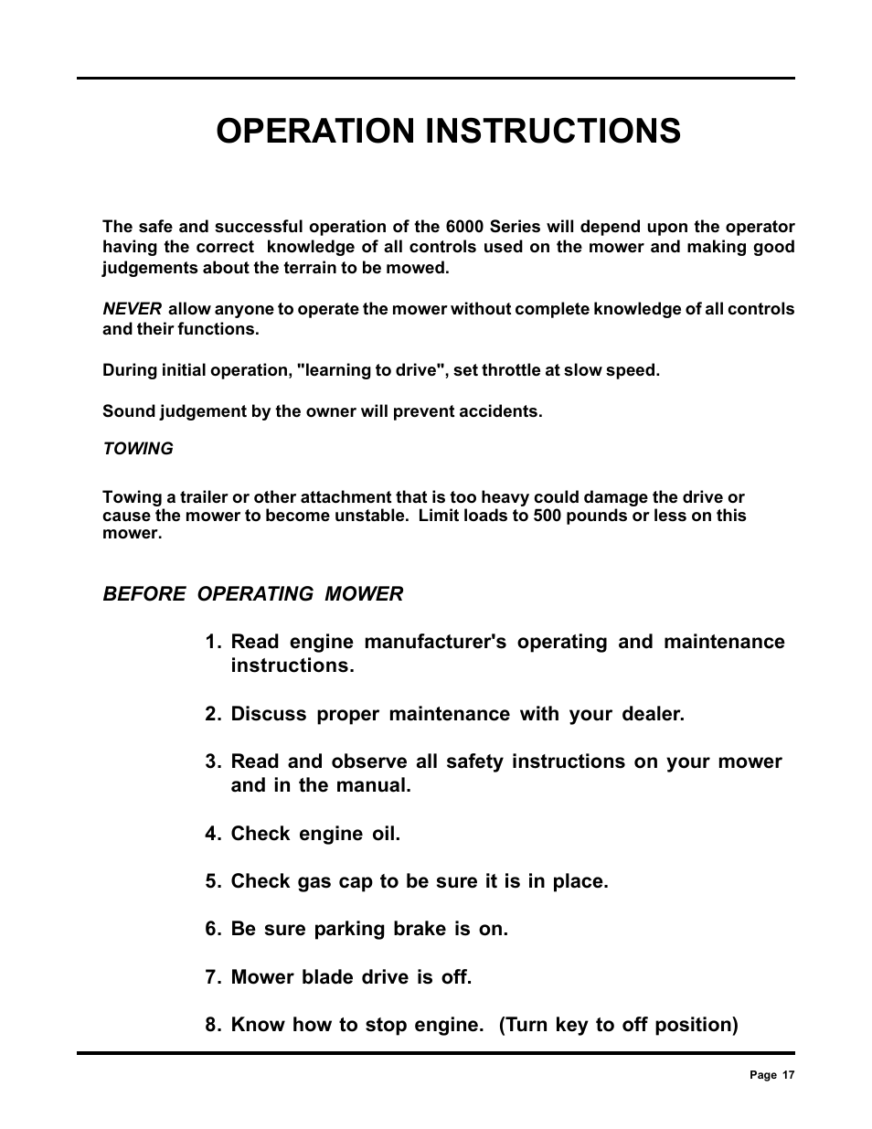 Operation instructions | Dixon 6000 Series User Manual | Page 17 / 40