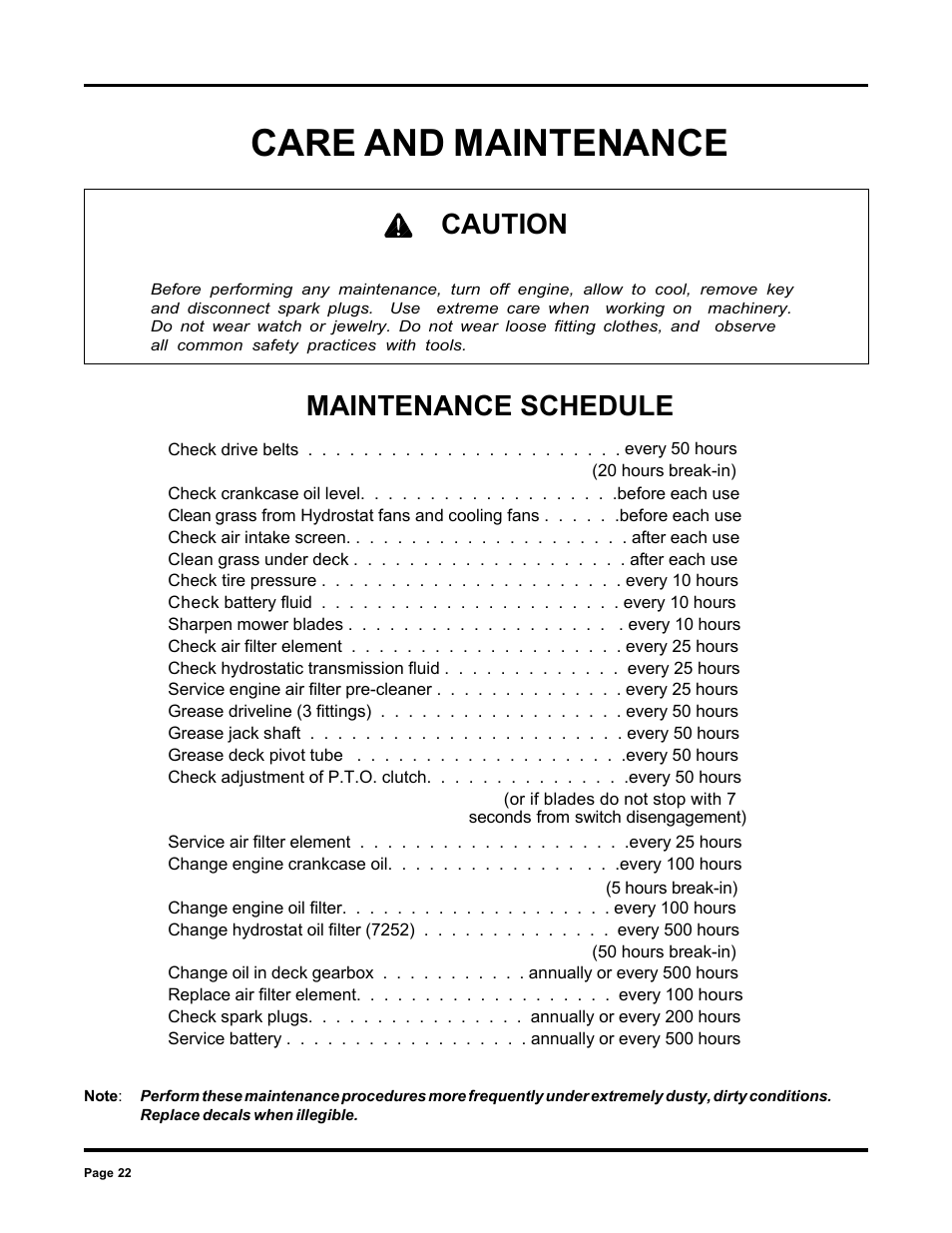 Care and maintenance, Maintenance schedule, Caution | Dixon 6000 Series User Manual | Page 22 / 40