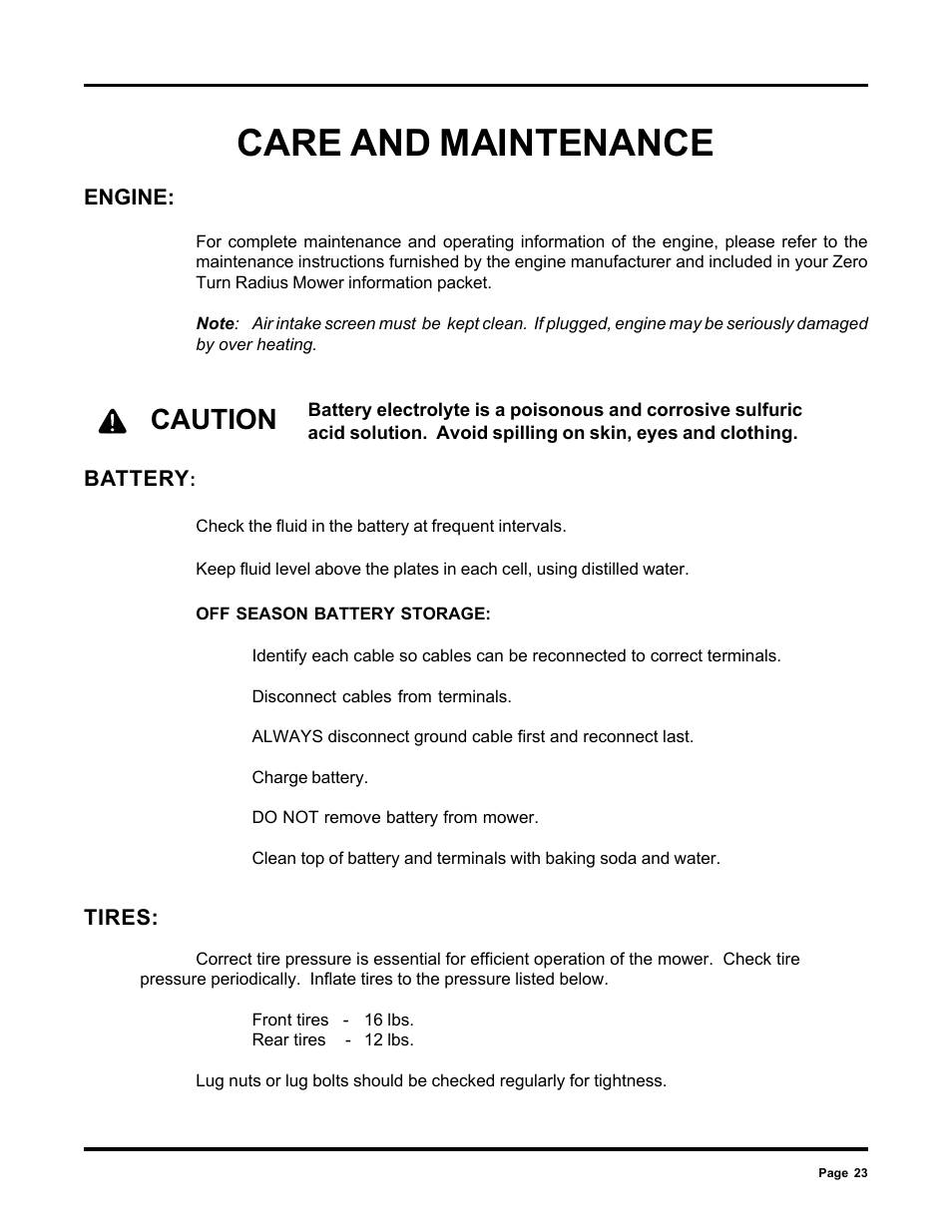 Care and maintenance, Caution | Dixon 6000 Series User Manual | Page 23 / 40