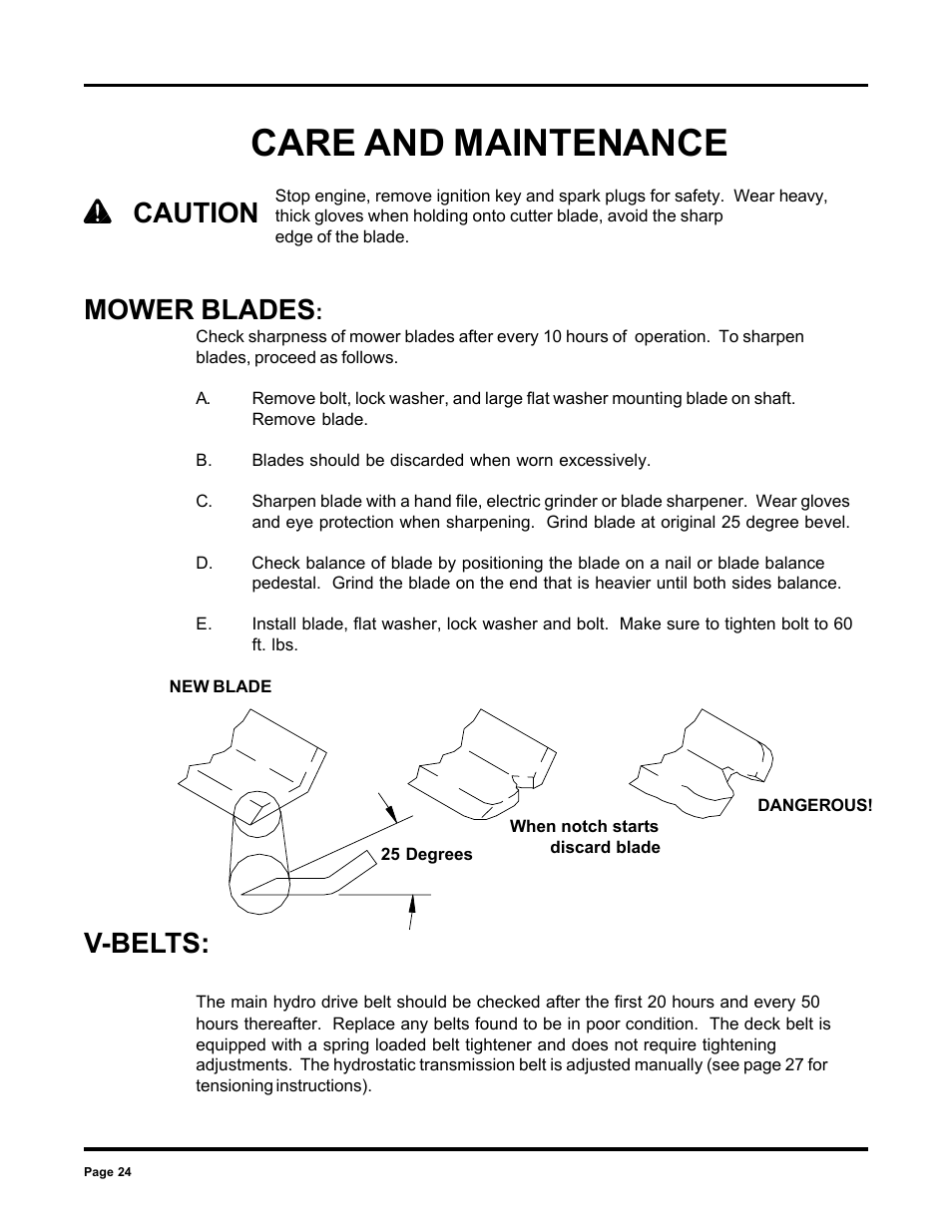 Care and maintenance, Mower blades, Caution | V-belts | Dixon 6000 Series User Manual | Page 24 / 40