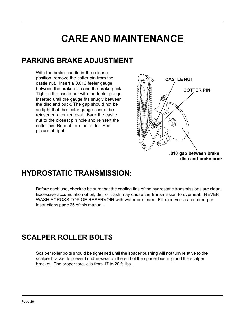 Care and maintenance, Parking brake adjustment hydrostatic transmission, Scalper roller bolts | Dixon 6000 Series User Manual | Page 26 / 40