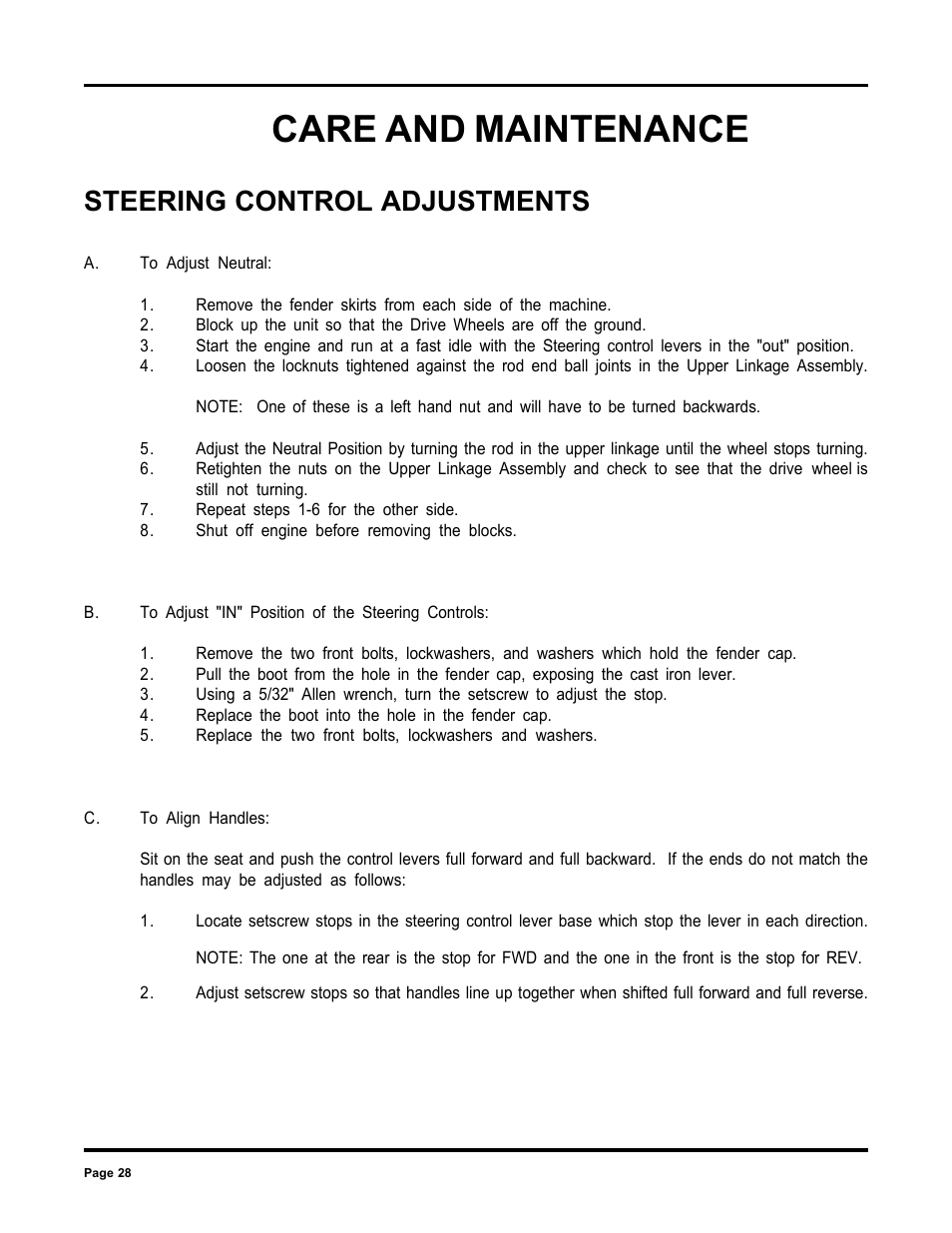 Care and maintenance, Steering control adjustments | Dixon 6000 Series User Manual | Page 28 / 40