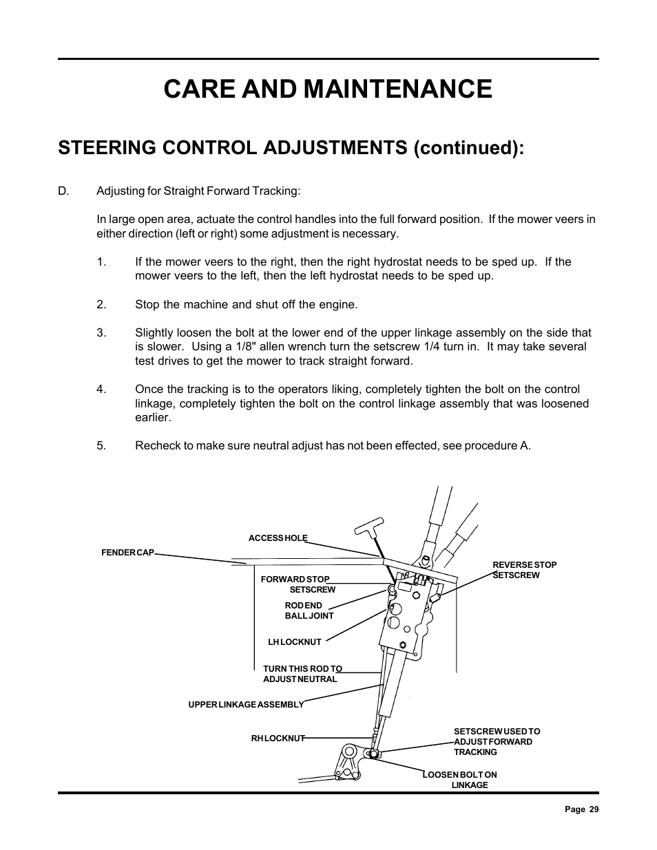 Care and maintenance, Steering control adjustments (continued) | Dixon 6000 Series User Manual | Page 29 / 40