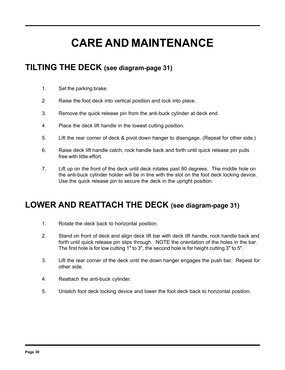Care and maintenance, Tilting the deck, Lower and reattach the deck | Dixon 6000 Series User Manual | Page 30 / 40