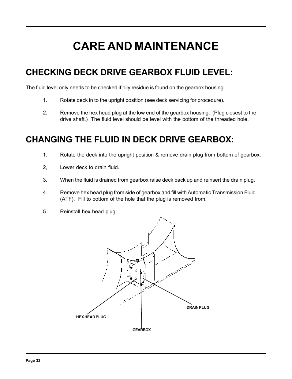 Care and maintenance, Checking deck drive gearbox fluid level, Changing the fluid in deck drive gearbox | Dixon 6000 Series User Manual | Page 32 / 40