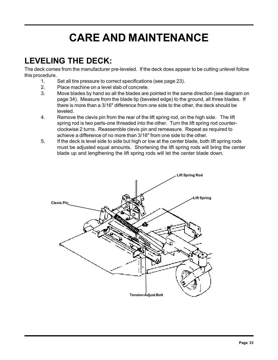 Care and maintenance, Leveling the deck | Dixon 6000 Series User Manual | Page 33 / 40