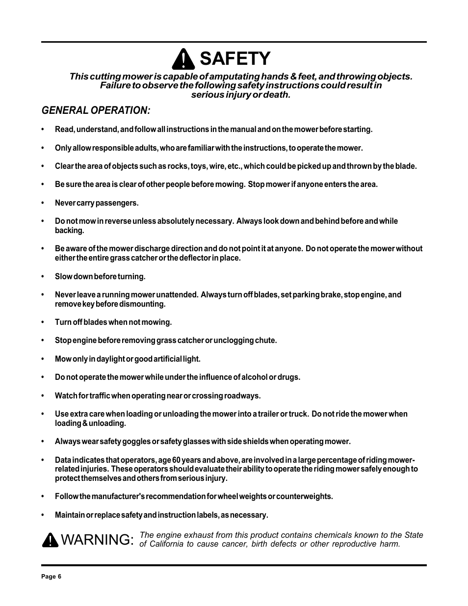 Safety, Warning | Dixon 6000 Series User Manual | Page 6 / 40
