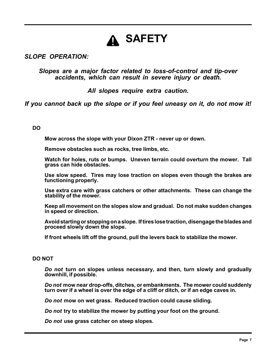 Safety | Dixon 6000 Series User Manual | Page 7 / 40