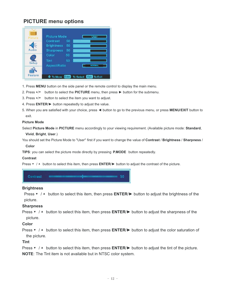 Picture menu options | Curtis LCD3717EA User Manual | Page 13 / 24