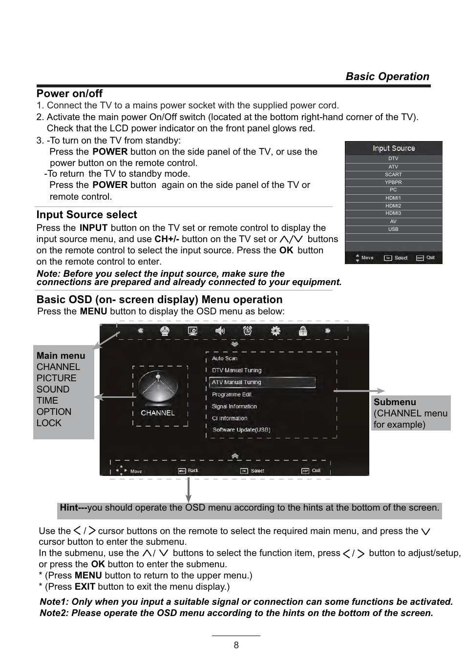 Basic operation power on/off, Input source select, Basic osd (on- screen display) menu operation | Curtis LCD3957UK User Manual | Page 10 / 26