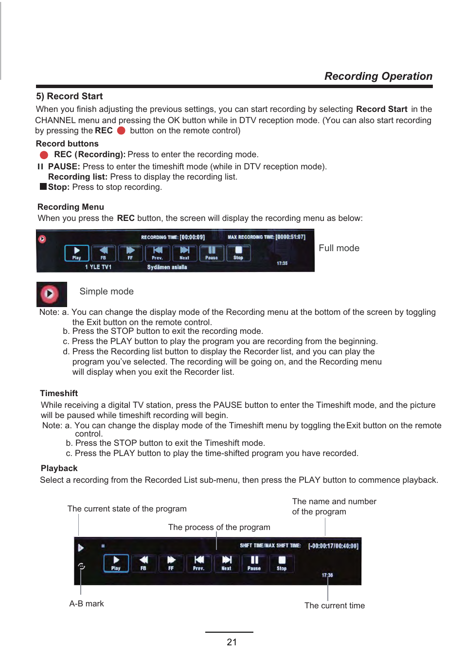 Recording operation | Curtis LCD3957UK User Manual | Page 23 / 26