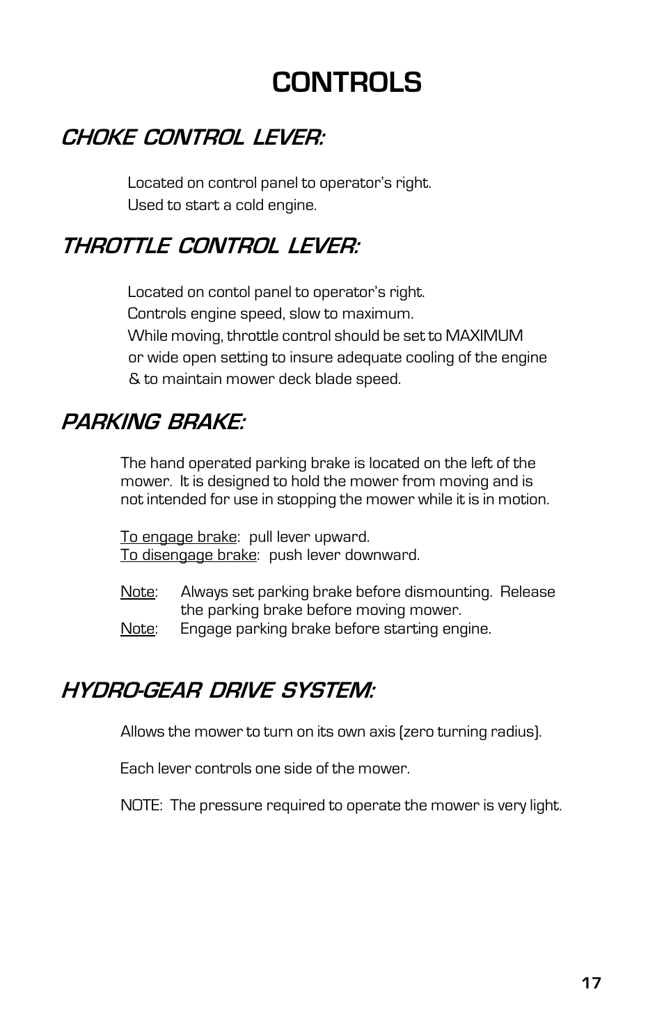 Controls, Choke control lever, Throttle control lever | Parking brake, Hydro-gear drive system | Dixon ZTR 7525 User Manual | Page 17 / 40