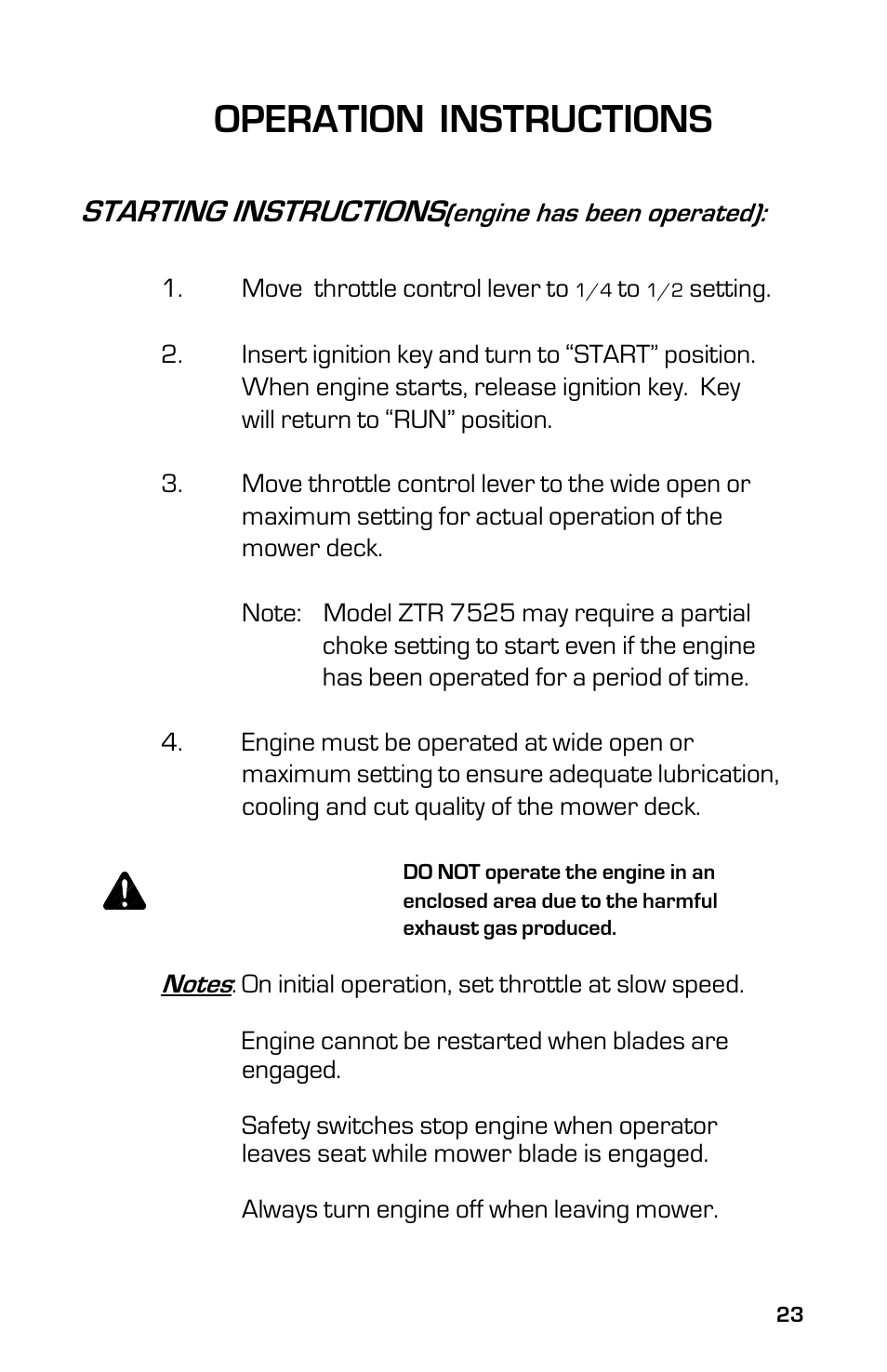 Operation instructions, Caution, Starting instructions | Dixon ZTR 7525 User Manual | Page 23 / 40