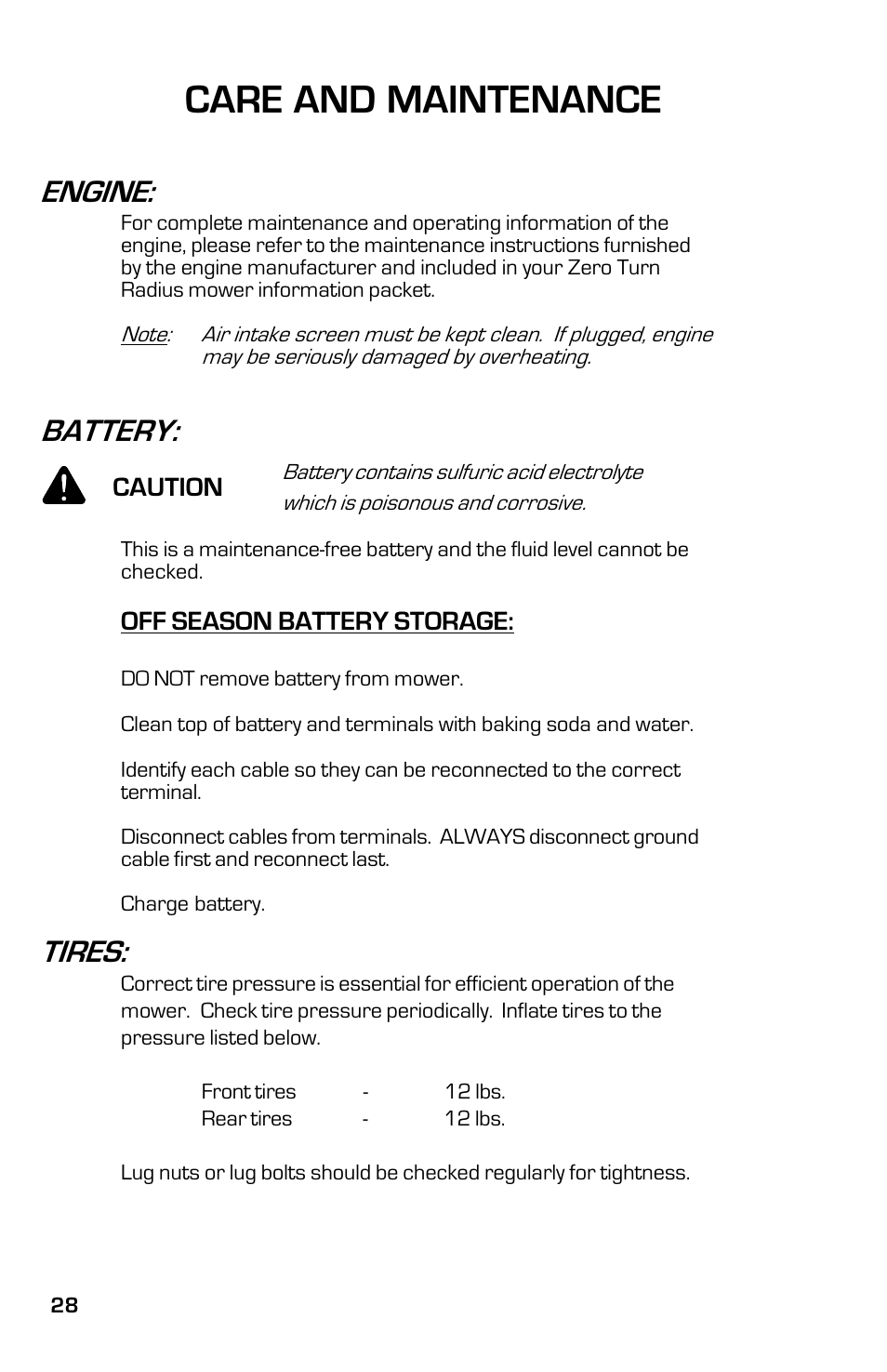 Care and maintenance, Engine, Battery | Tires | Dixon ZTR 7525 User Manual | Page 28 / 40