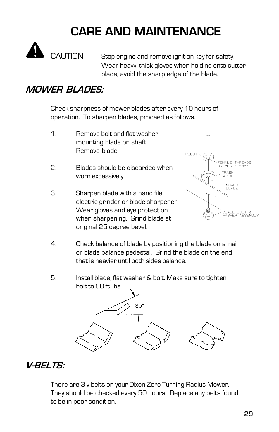 Care and maintenance, Mower blades, V-belts | Dixon ZTR 7525 User Manual | Page 29 / 40