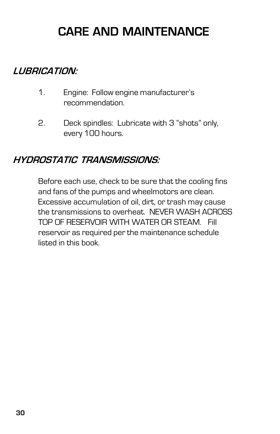 Care and maintenance, Lubrication, Hydrostatic transmissions | Dixon ZTR 7525 User Manual | Page 30 / 40