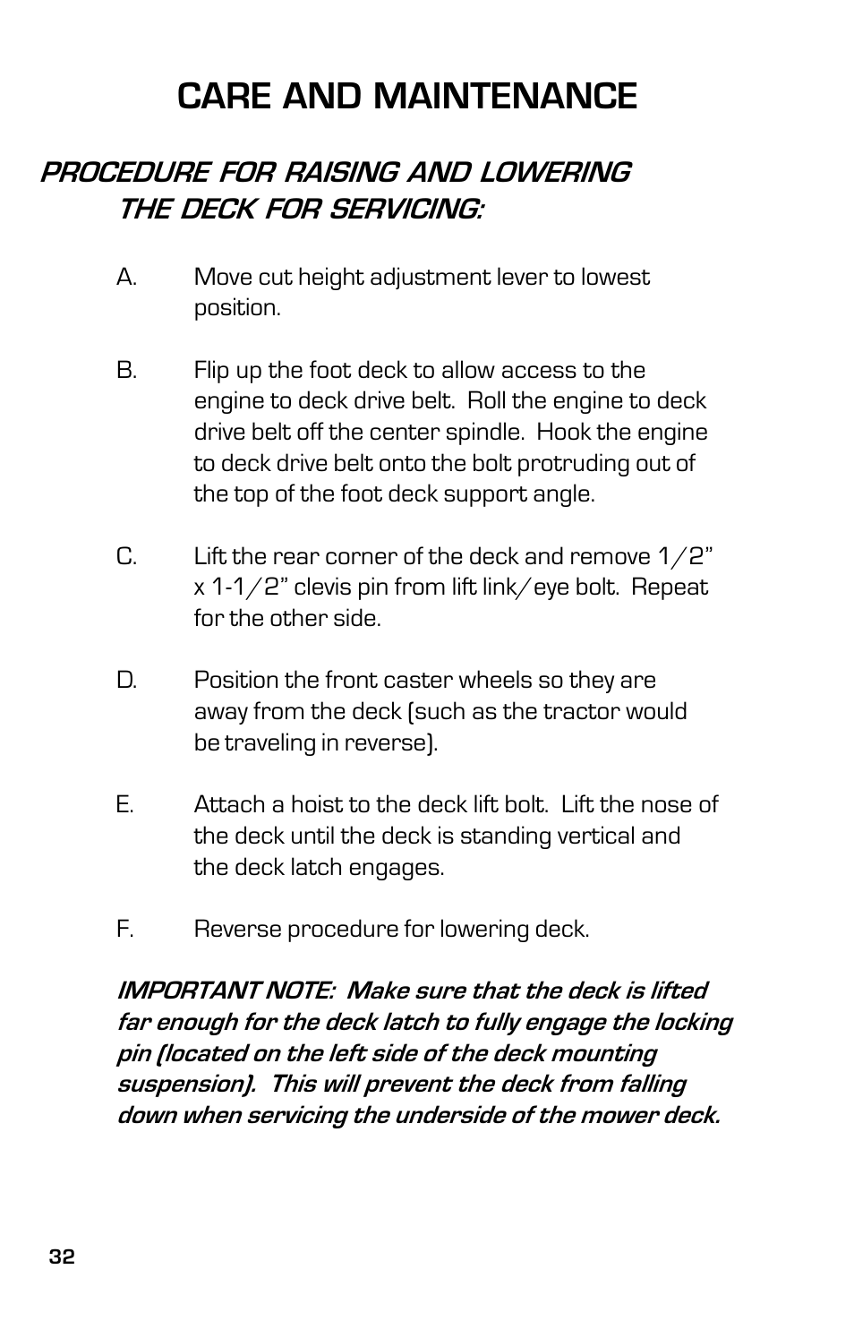 Care and maintenance | Dixon ZTR 7525 User Manual | Page 32 / 40