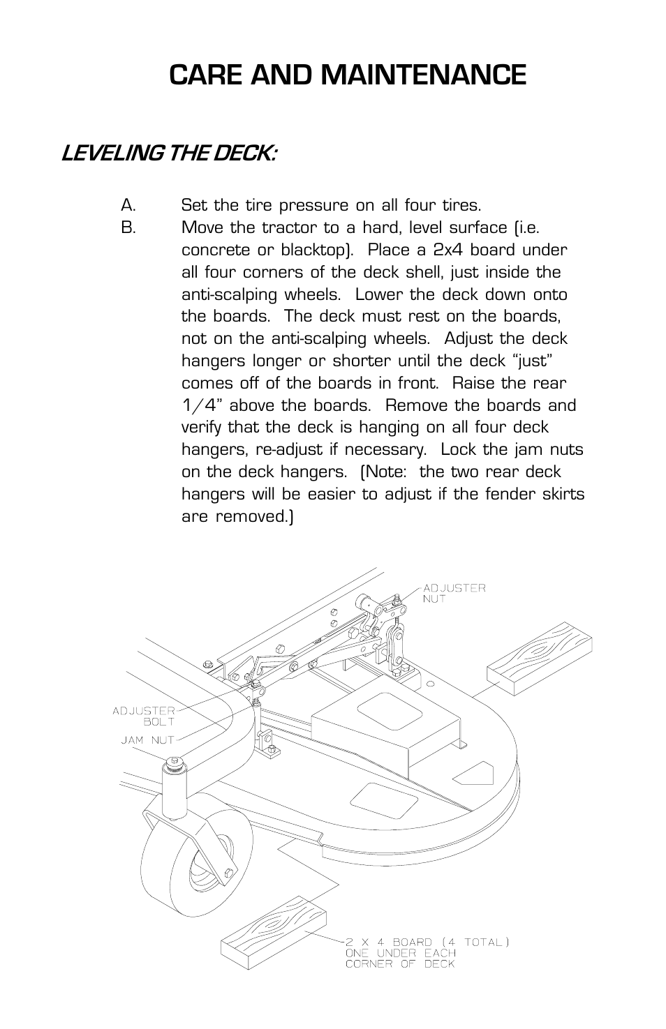 Care and maintenance, Leveling the deck | Dixon ZTR 7525 User Manual | Page 33 / 40