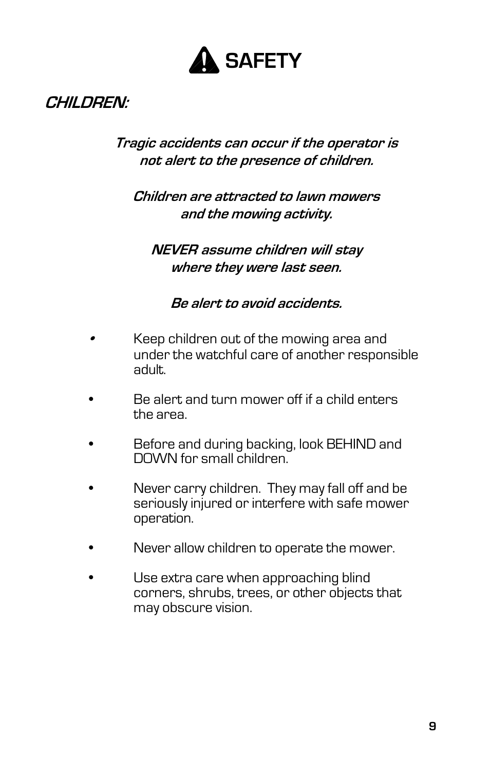 Safety, Children | Dixon ZTR 7525 User Manual | Page 9 / 40