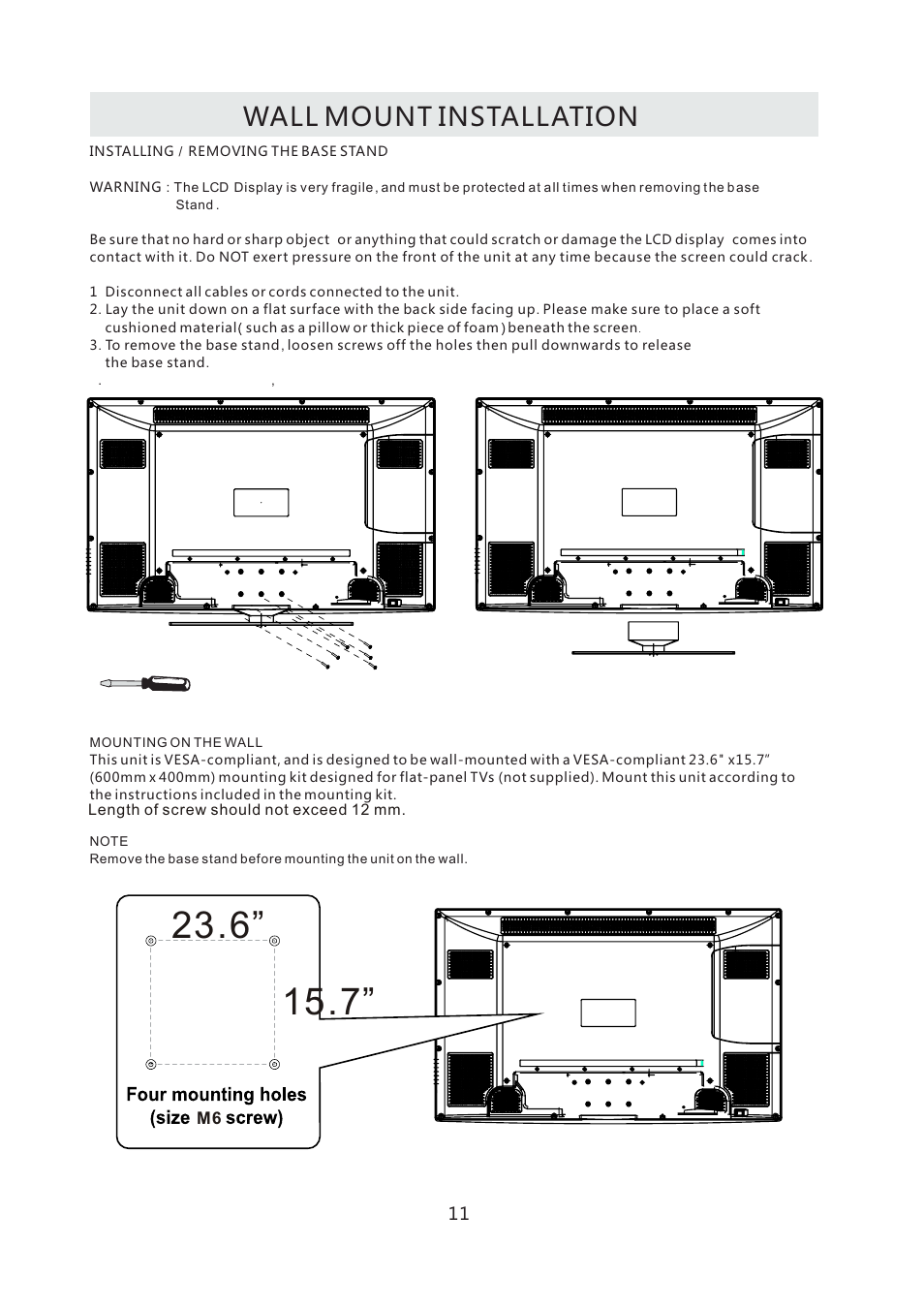 Wall mount installation | Curtis LCD4299A User Manual | Page 14 / 38