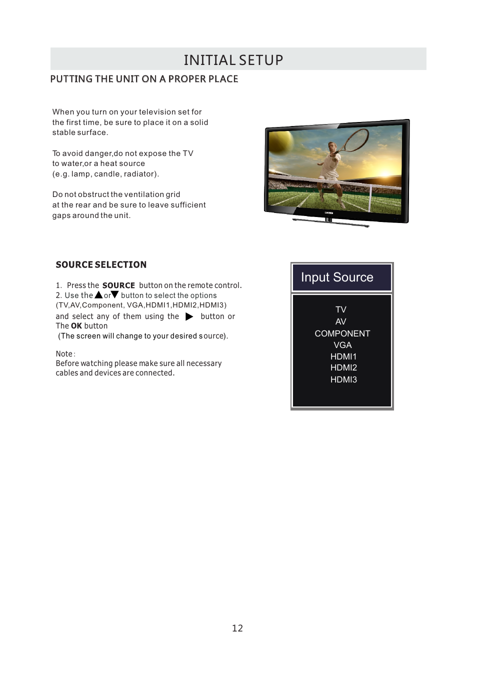 Initial setup, Input source | Curtis LCD4299A User Manual | Page 15 / 38