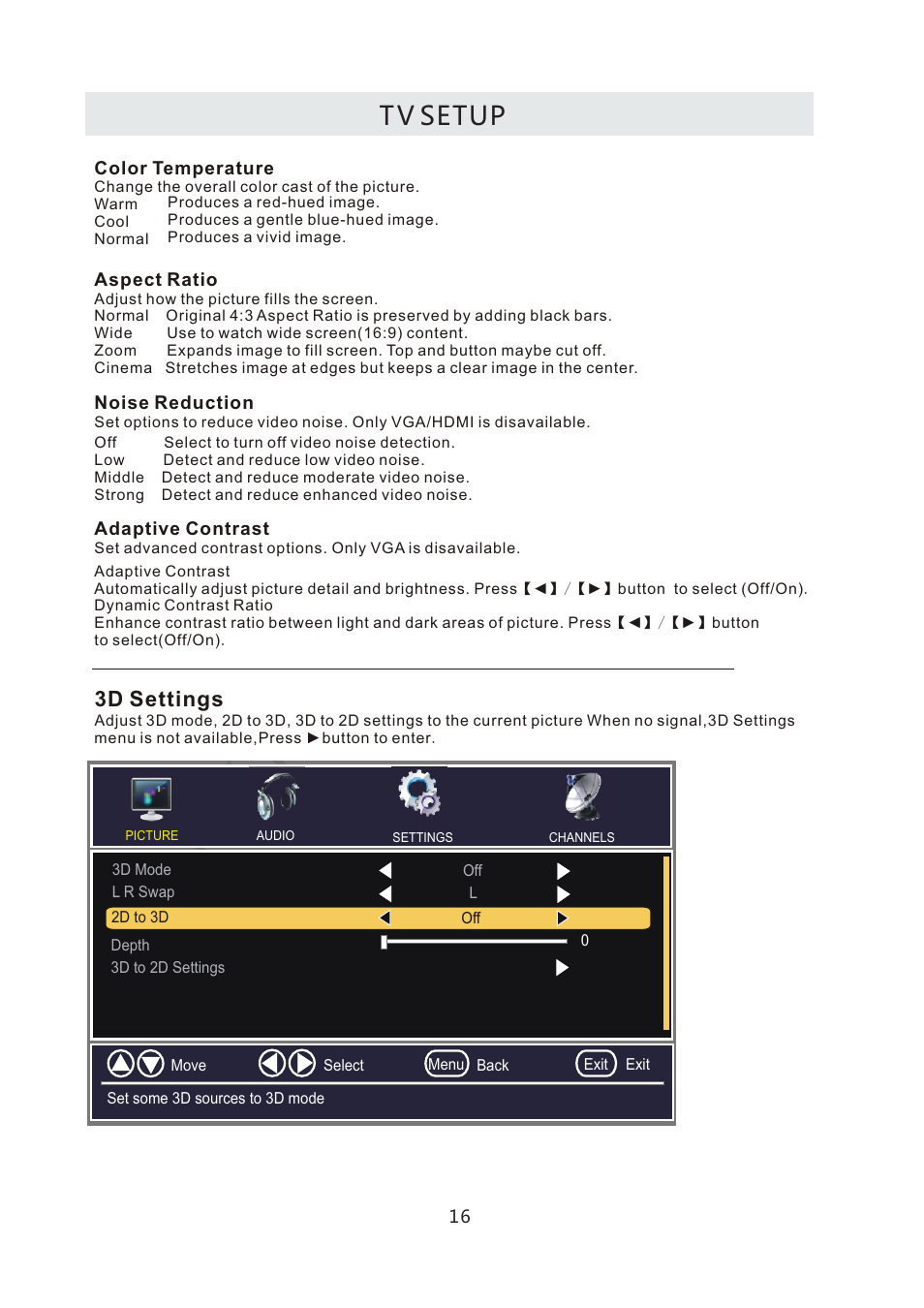 T v setup, 3d settings | Curtis LCD4299A User Manual | Page 19 / 38