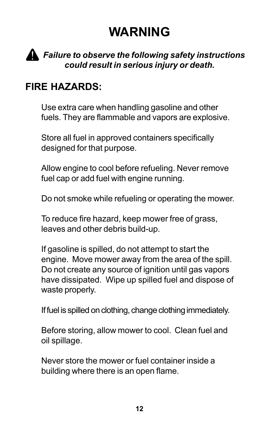 Warning, Fire hazards | Dixon Zeeter Zero-Turn Riding Mower User Manual | Page 12 / 52