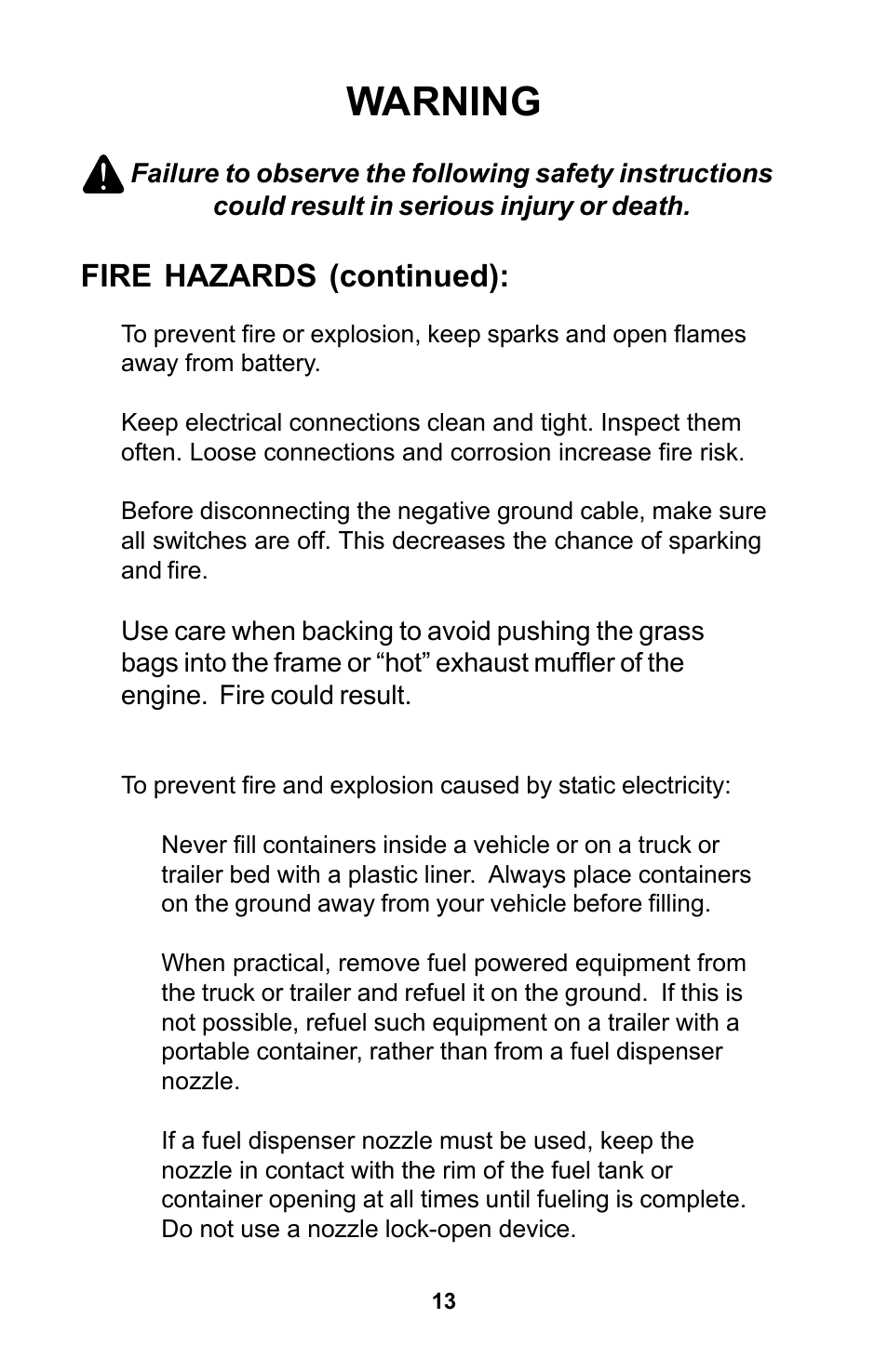 Warning, Fire hazards (continued) | Dixon Zeeter Zero-Turn Riding Mower User Manual | Page 13 / 52