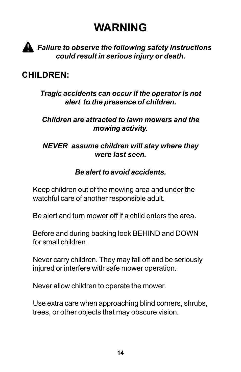 Warning, Children | Dixon Zeeter Zero-Turn Riding Mower User Manual | Page 14 / 52