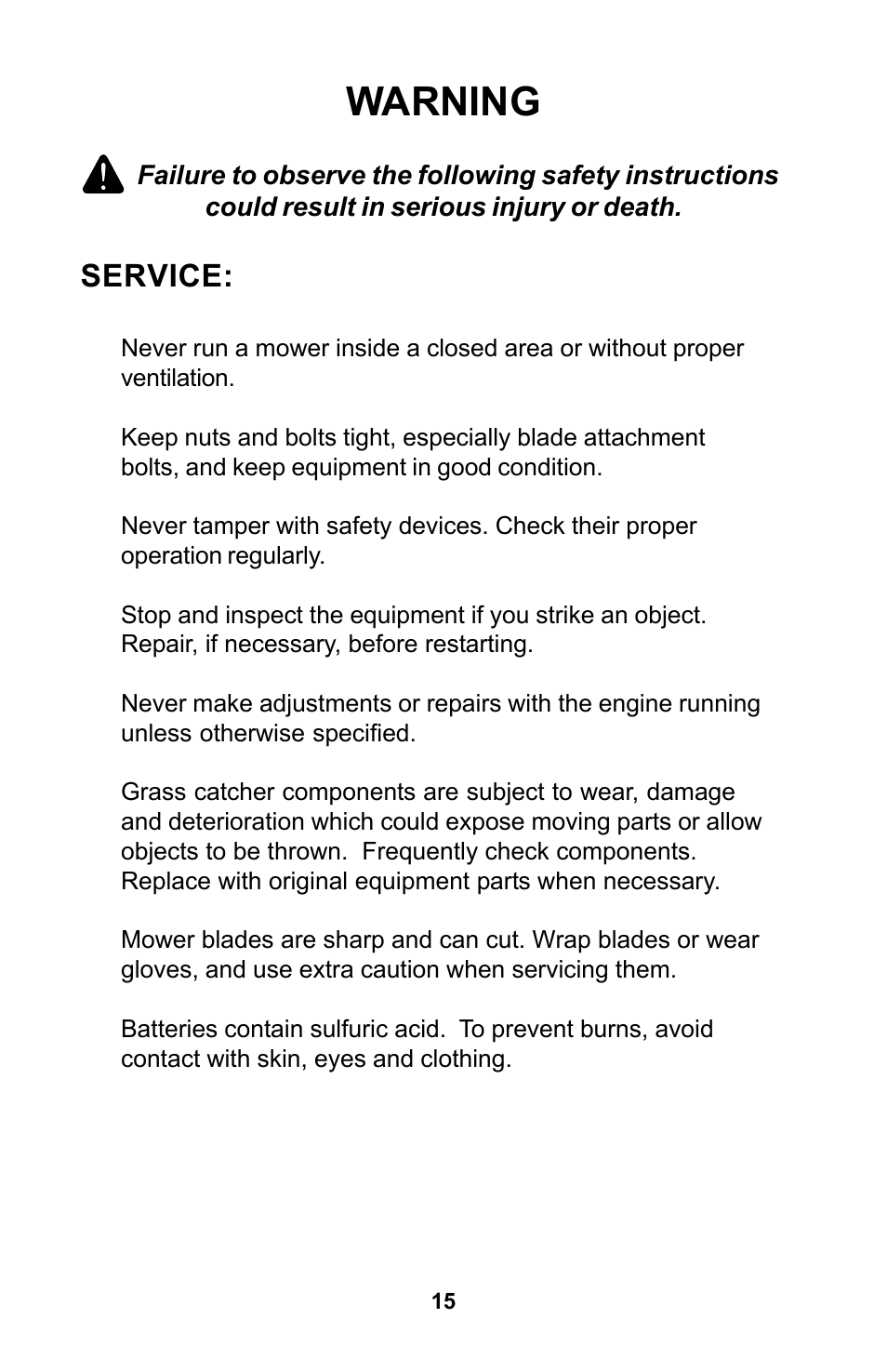 Warning, Service | Dixon Zeeter Zero-Turn Riding Mower User Manual | Page 15 / 52