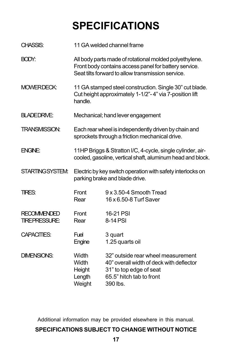 Specifications | Dixon Zeeter Zero-Turn Riding Mower User Manual | Page 17 / 52