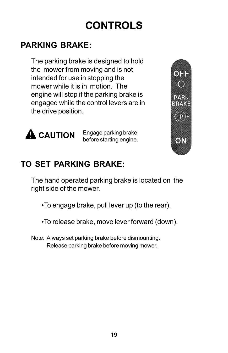 Controls, Parking brake, Caution | Dixon Zeeter Zero-Turn Riding Mower User Manual | Page 19 / 52