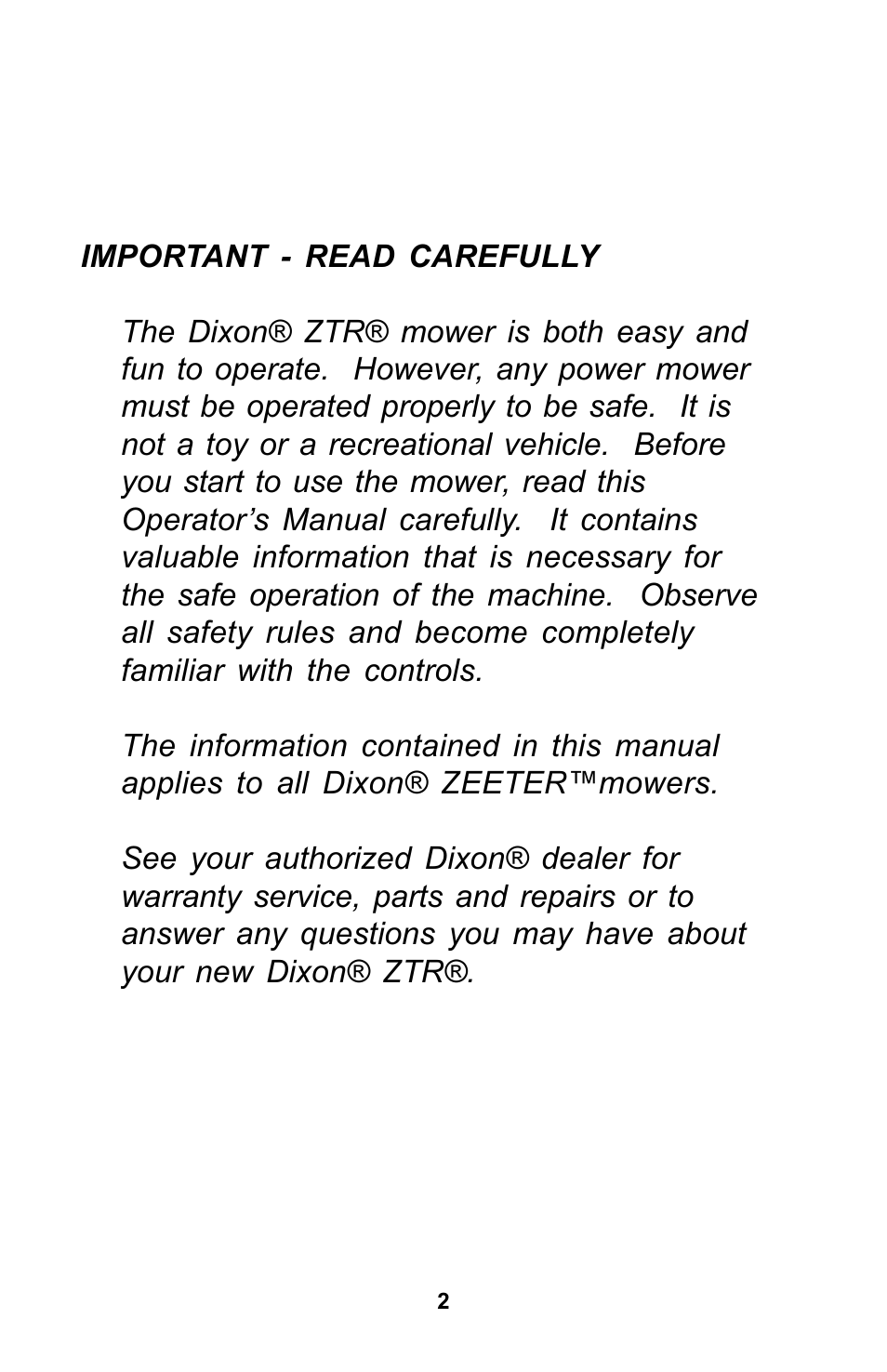 Dixon Zeeter Zero-Turn Riding Mower User Manual | Page 2 / 52