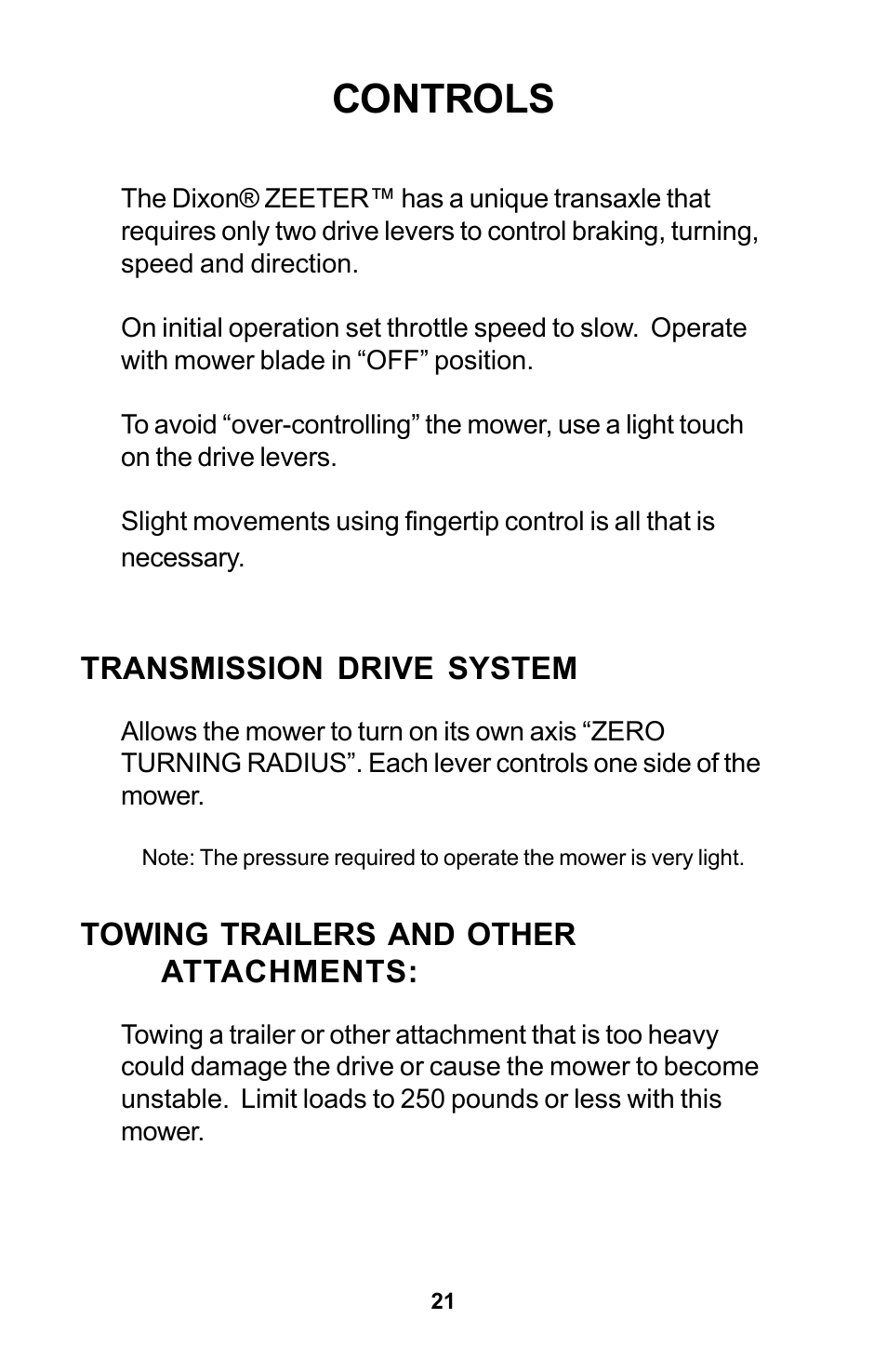 Controls | Dixon Zeeter Zero-Turn Riding Mower User Manual | Page 21 / 52