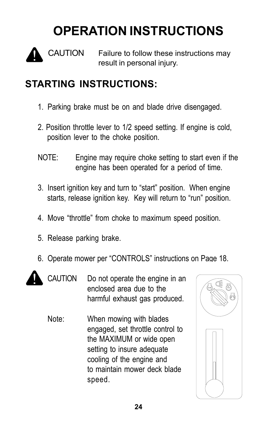 Operation instructions, Starting instructions | Dixon Zeeter Zero-Turn Riding Mower User Manual | Page 24 / 52