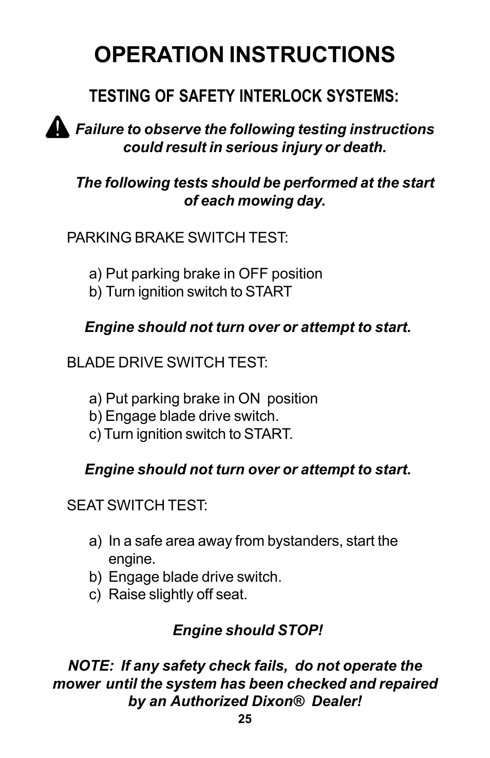 Operation instructions, Testing of safety interlock systems | Dixon Zeeter Zero-Turn Riding Mower User Manual | Page 25 / 52