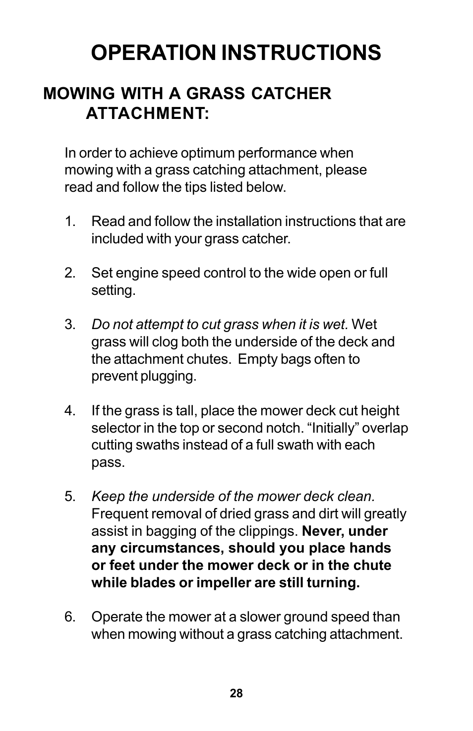 Operation instructions, Mowing with a grass catcher attachment | Dixon Zeeter Zero-Turn Riding Mower User Manual | Page 28 / 52