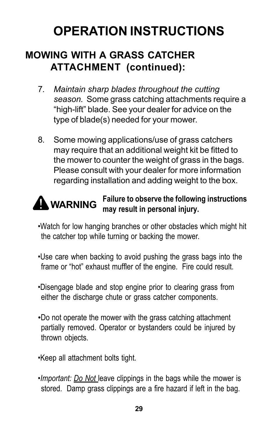 Operation instructions, Mowing with a grass catcher attachment (continued), Warning | Dixon Zeeter Zero-Turn Riding Mower User Manual | Page 29 / 52