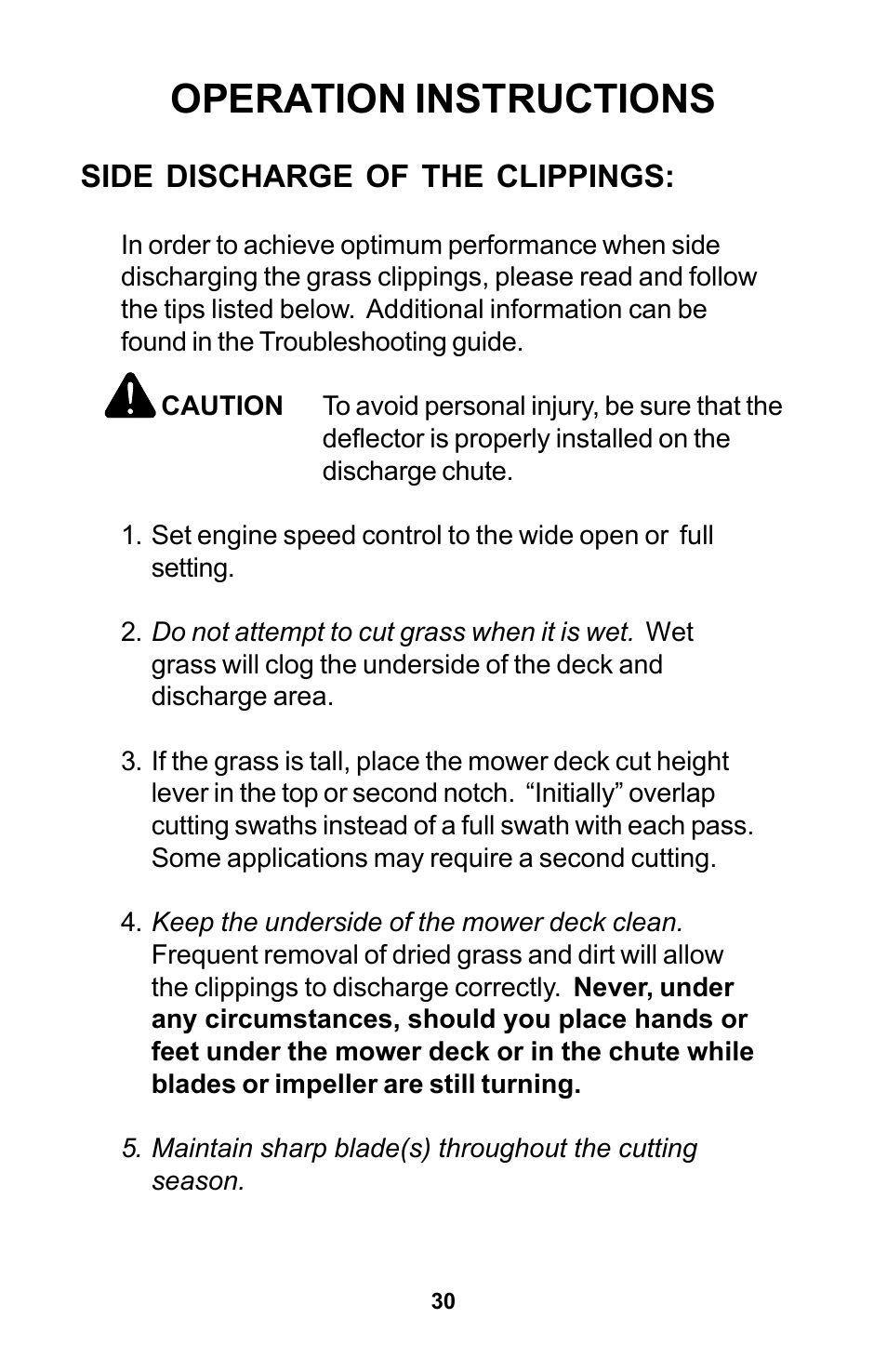 Operation instructions, Side discharge of the clippings | Dixon Zeeter Zero-Turn Riding Mower User Manual | Page 30 / 52