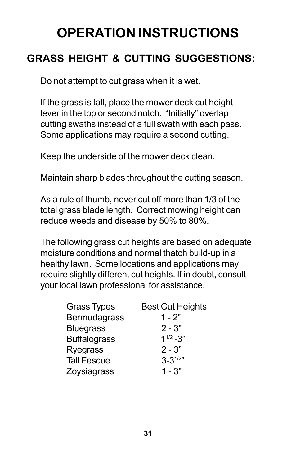 Operation instructions, Grass height & cutting suggestions | Dixon Zeeter Zero-Turn Riding Mower User Manual | Page 31 / 52