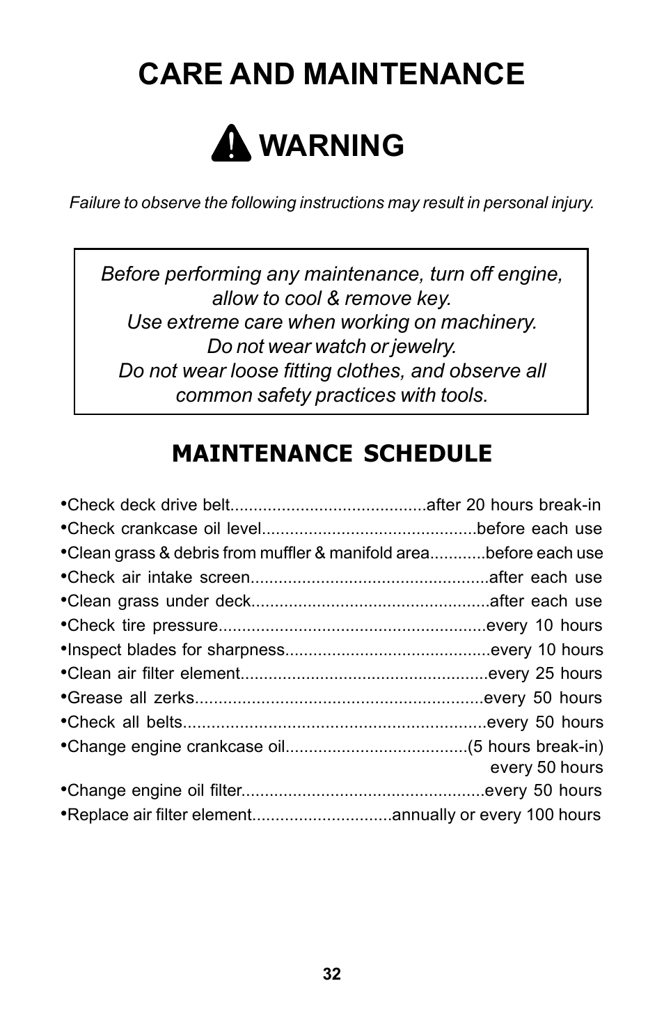 Care and maintenance, Warning, Maintenance schedule | Dixon Zeeter Zero-Turn Riding Mower User Manual | Page 32 / 52